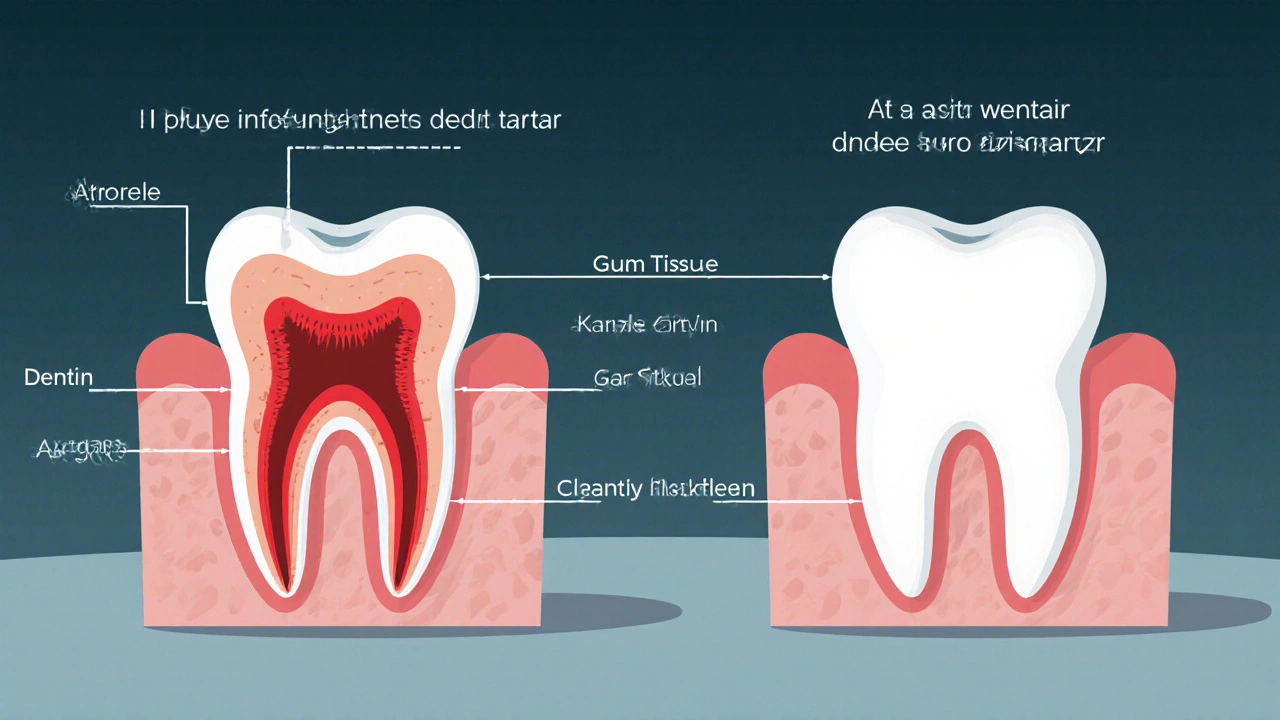 Přehledný náčrt zubu s nánosy plaku pod dásní a čistou povrchovou vrstvou po pískování.