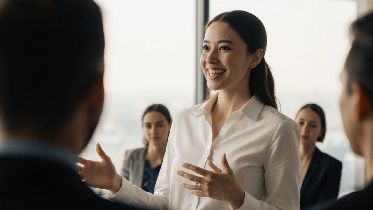 Profesionál přednáší v kanceláři s neviditelnými vyrovnávači, kolegové poslouchají.