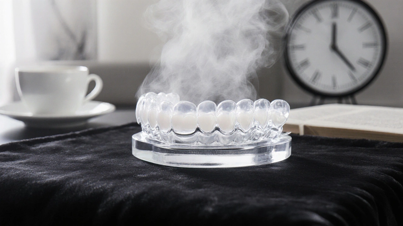 Profesionální zubní fólie s gelovým přípravkem Opalescence na černém hedvábí.