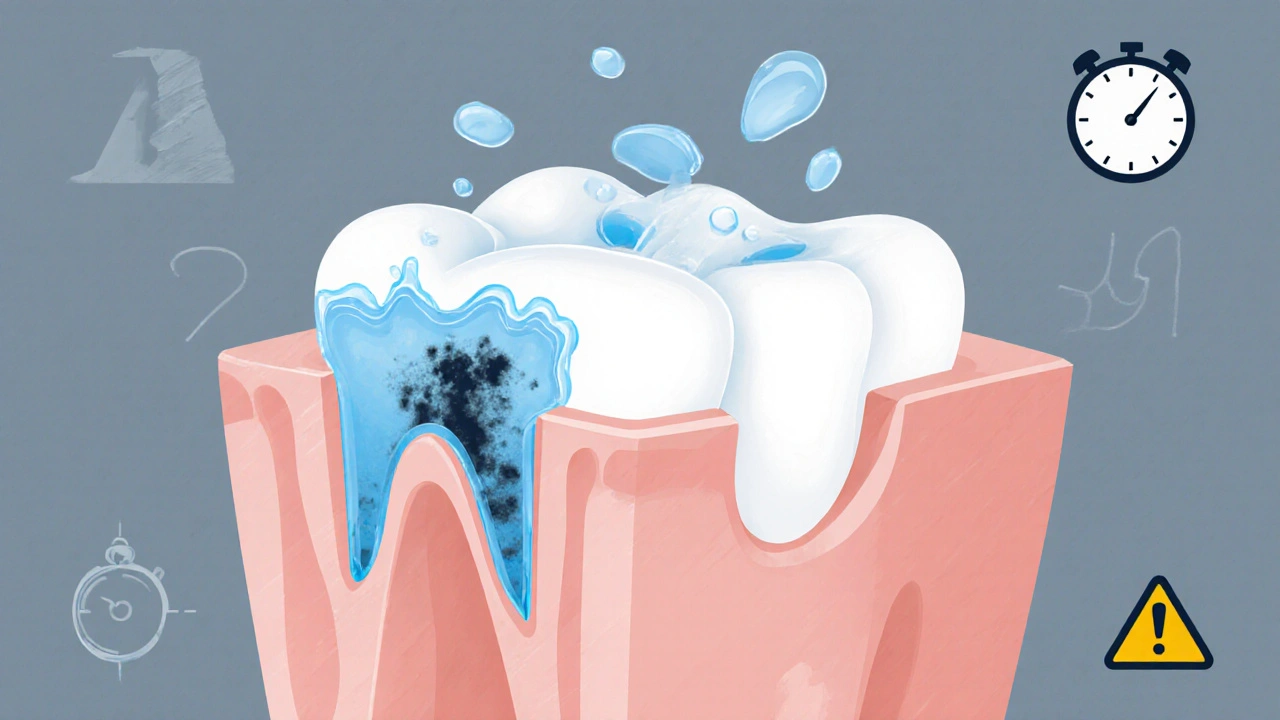 Průřez zubu s chemickým pronikáním bělících látek a tenčící se sklovinou.