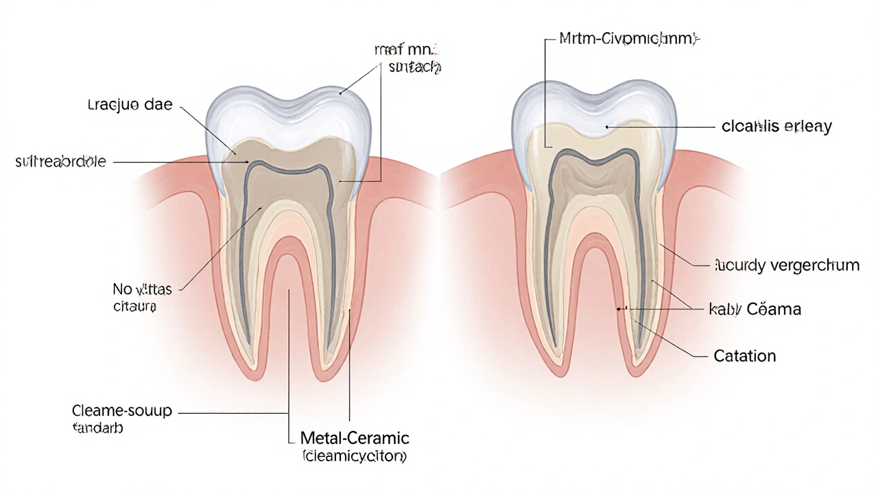 Průřez zubu s tenkou keramickou fazetou bez kovové základny.