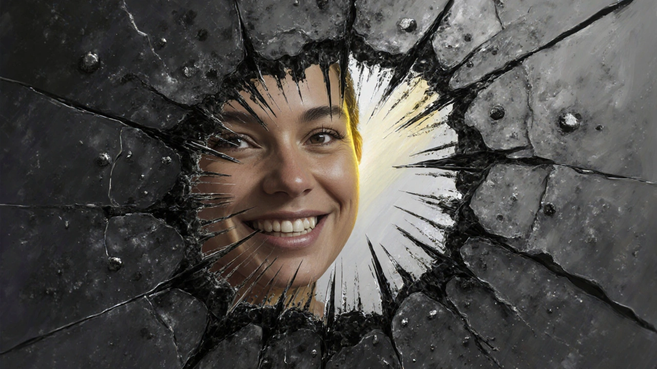 Rozbité zrcadlo s černými kořeny kameně a za ním jasná, usmívající se tvář bez zubního kamene.