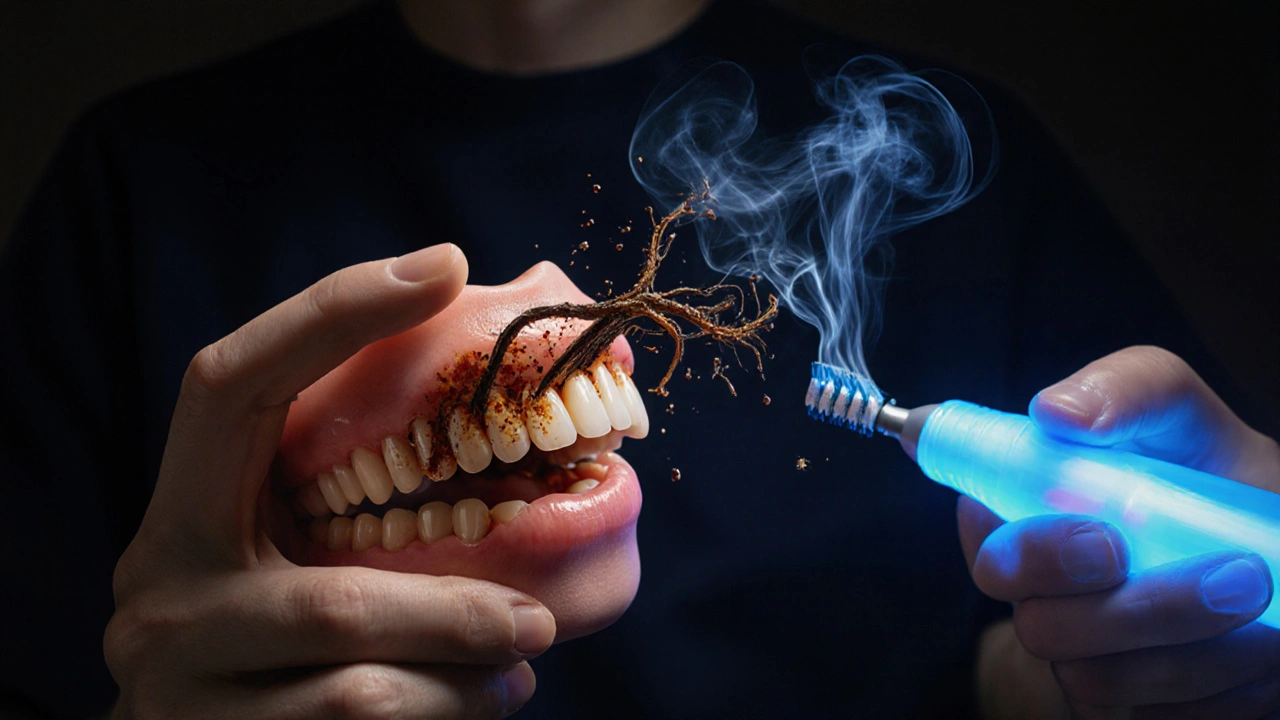 Ruka drží kartáček, který se mění v kouř a skvrny, zatímco zubař přichází s léčbou.