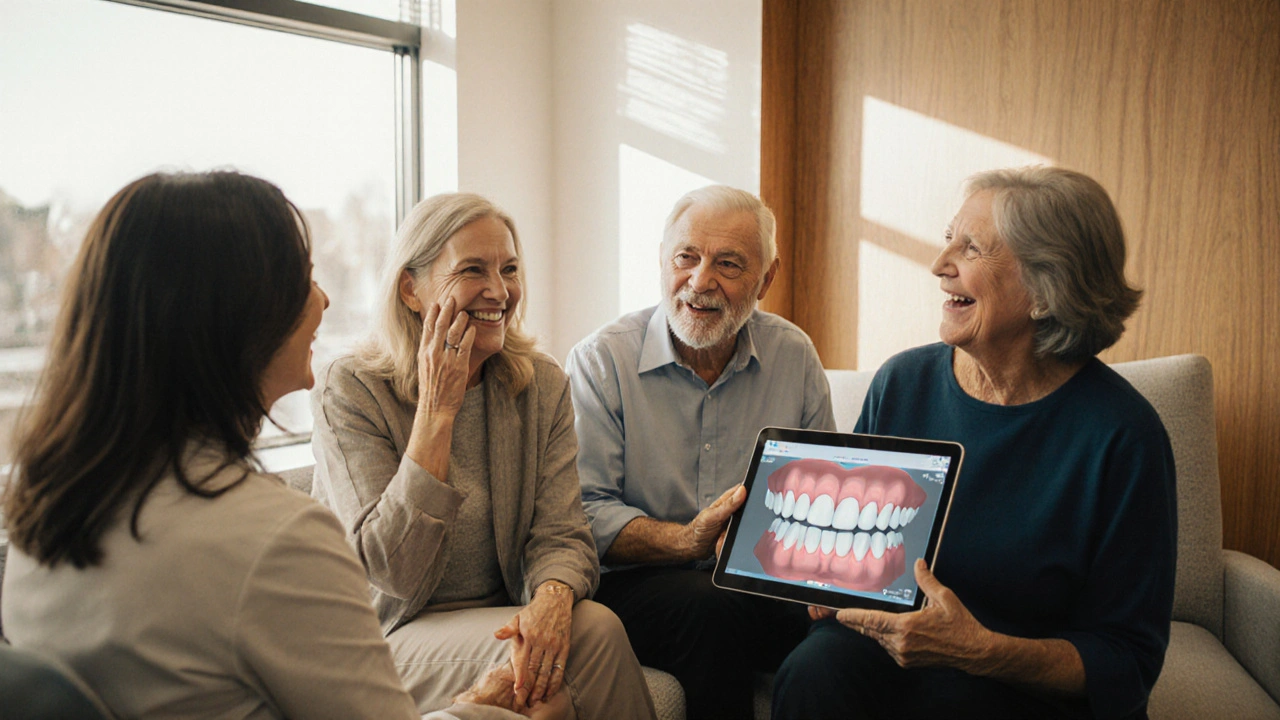 Různé věkové skupiny se smějí v čekárně zubního lékaře.