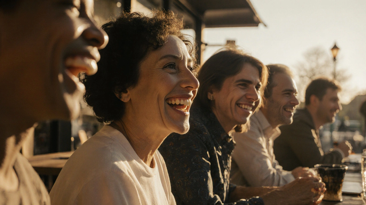 Různí lidé se smějí volně v přírodních prostředích s odhalenými bílými zuby.