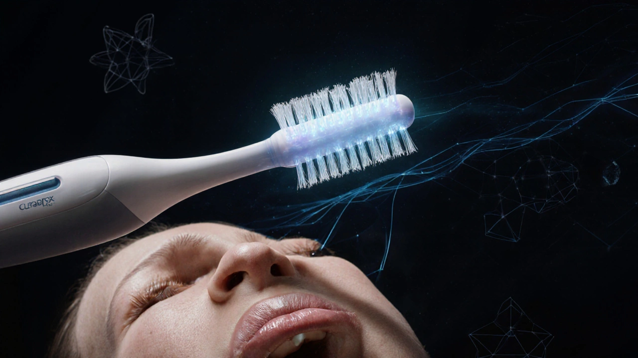 Sonický kartáček nad ústy s 5460 štětinami a mikroproudy čištění.