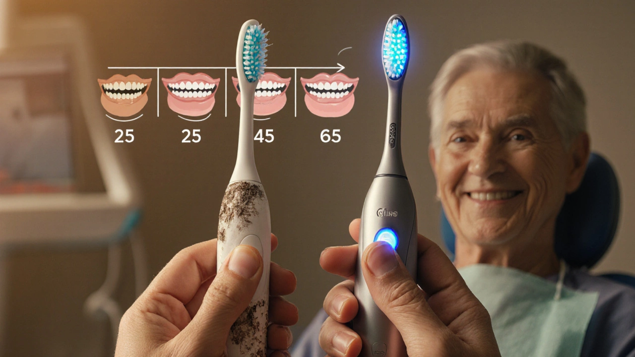 Srovnání ručního a sonického kartáčku s časovou osou zdravých zubů.