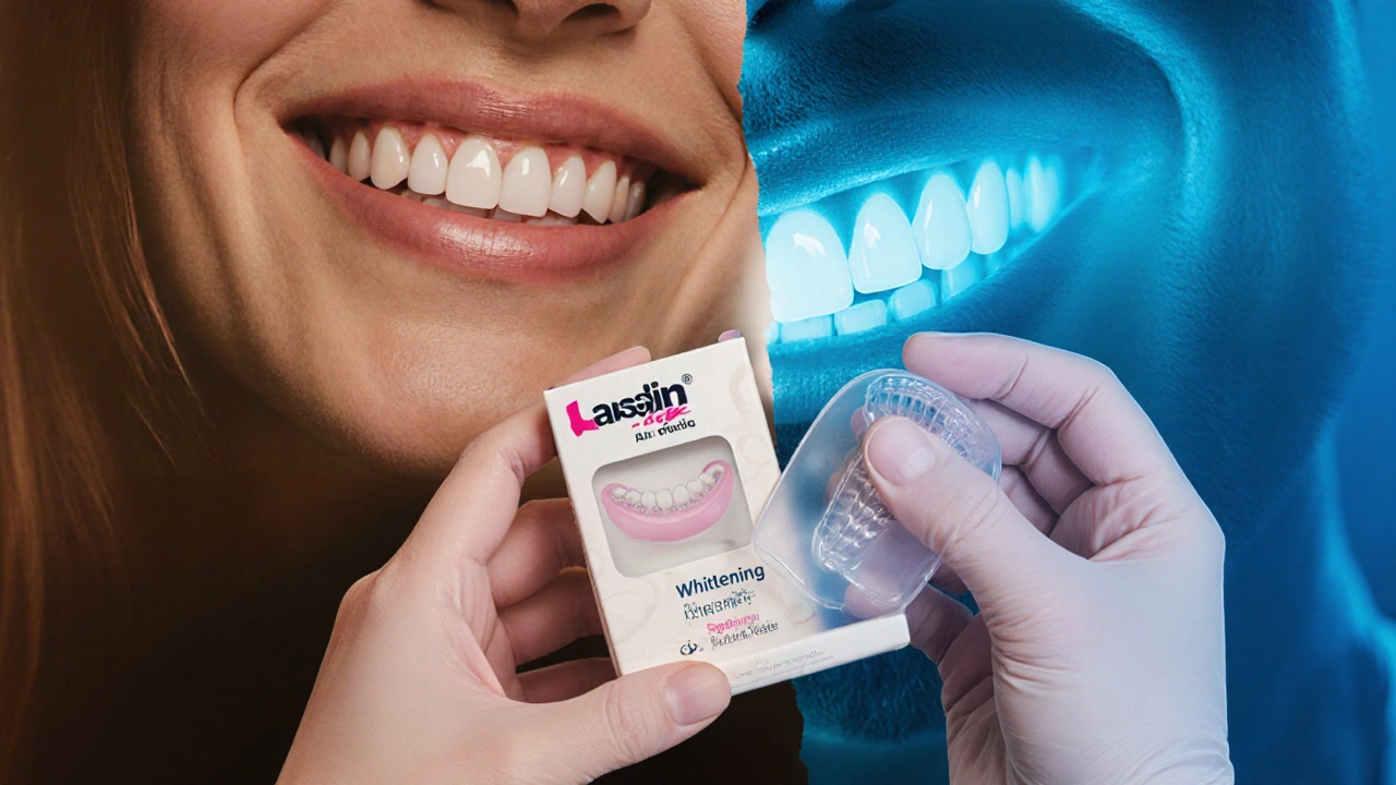 Stomatolog drží individuální formu vedle bělicích pásek, symbolizující volbu mezi bezpečným a nebezpečným bělením.