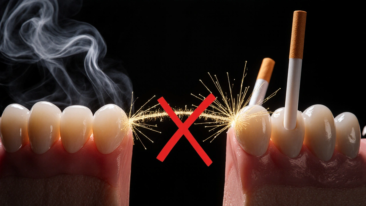 Symbolická představa hojení dásně s ničením faktorů, která ho brání.