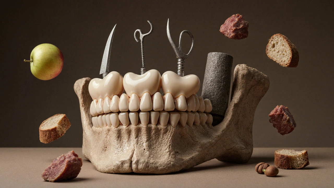 Symbolické znázornění zubů jako nástrojů pro řezání, trhání, mletí a drtění potravy.