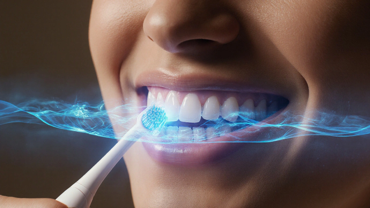 Transparent illustration showing sound waves and fluid currents removing plaque below the gumline.