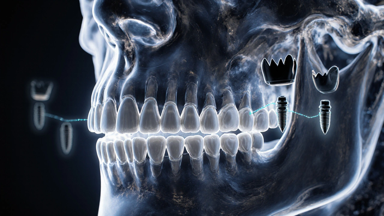 Transparent jaw showing perfectly aligned dental prosthetics with glowing bite alignment lines.