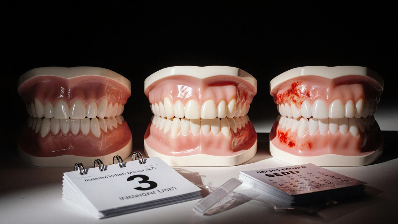 Tři zuby s různými stupni bělení a zánětem dásní, symbolizující bezpečné a nebezpečné používání.