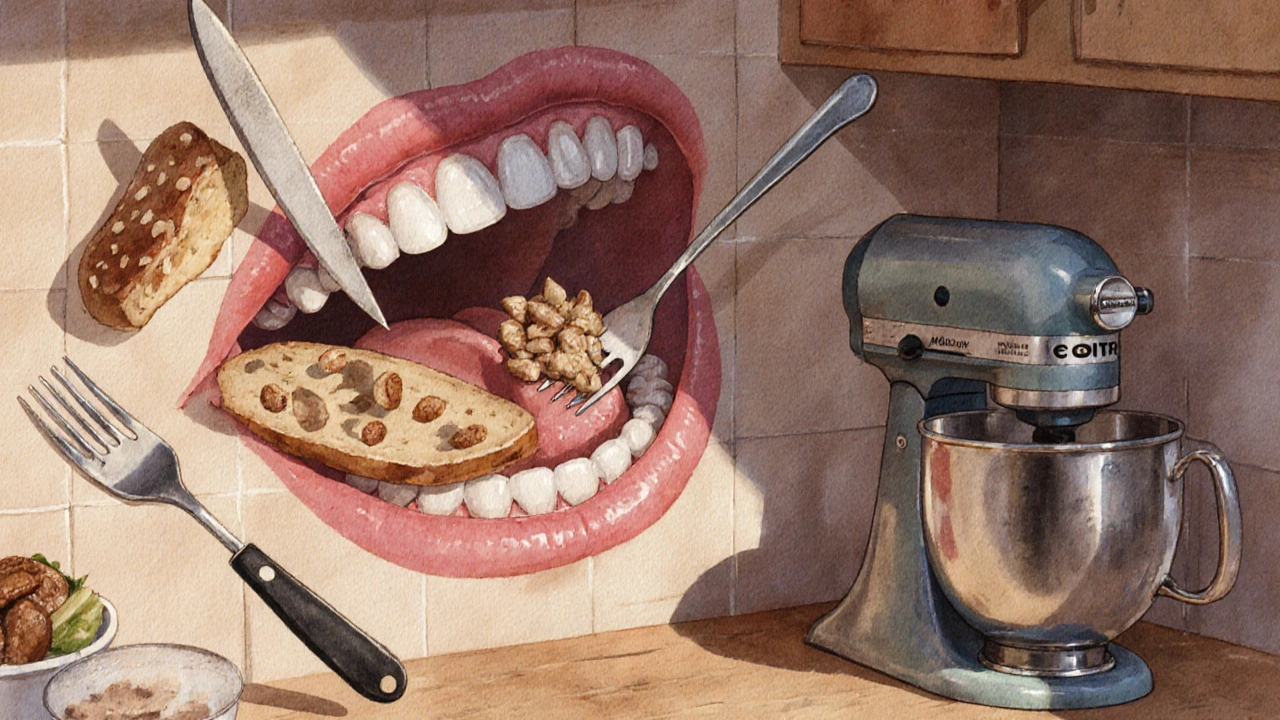 Umělecká představa úst jako kuchyně: řezáky jako nože, koutní zuby jako vidličky, stoličky jako mlecí stroje.