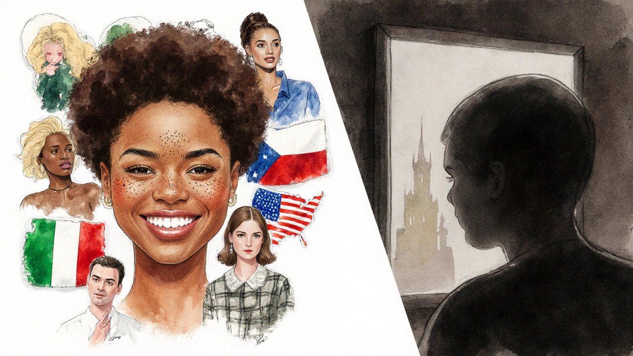 Umělecký obraz srovnávající kulturní přijetí mezery mezi zuby v Nigérii a USA s kritickým pohledem v Česku.