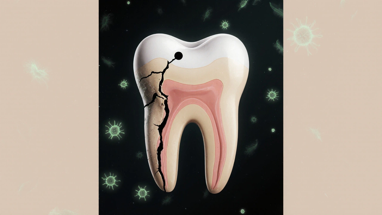 Vnitřní poškození zubu vzniklé z černé tečky, znázorněné jako šířící se trhliny.