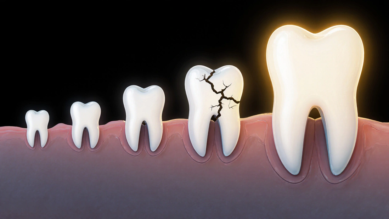 Vývoj poškozeného zubu od štěrbinu k úplné opravě.