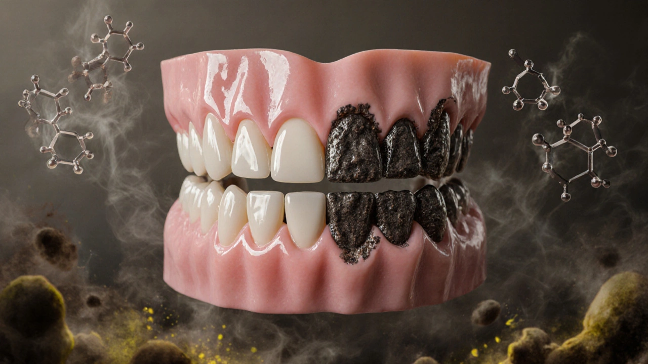 Zdravé a nemocné dásně na stejném čelisti s zubním kamenem a pachovými molekulami.