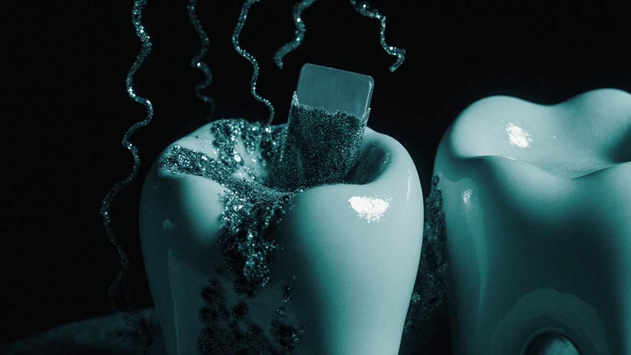 Zub s náplní a šířící se plakem pod jeho okrajem, symbolizující skrytý karies.