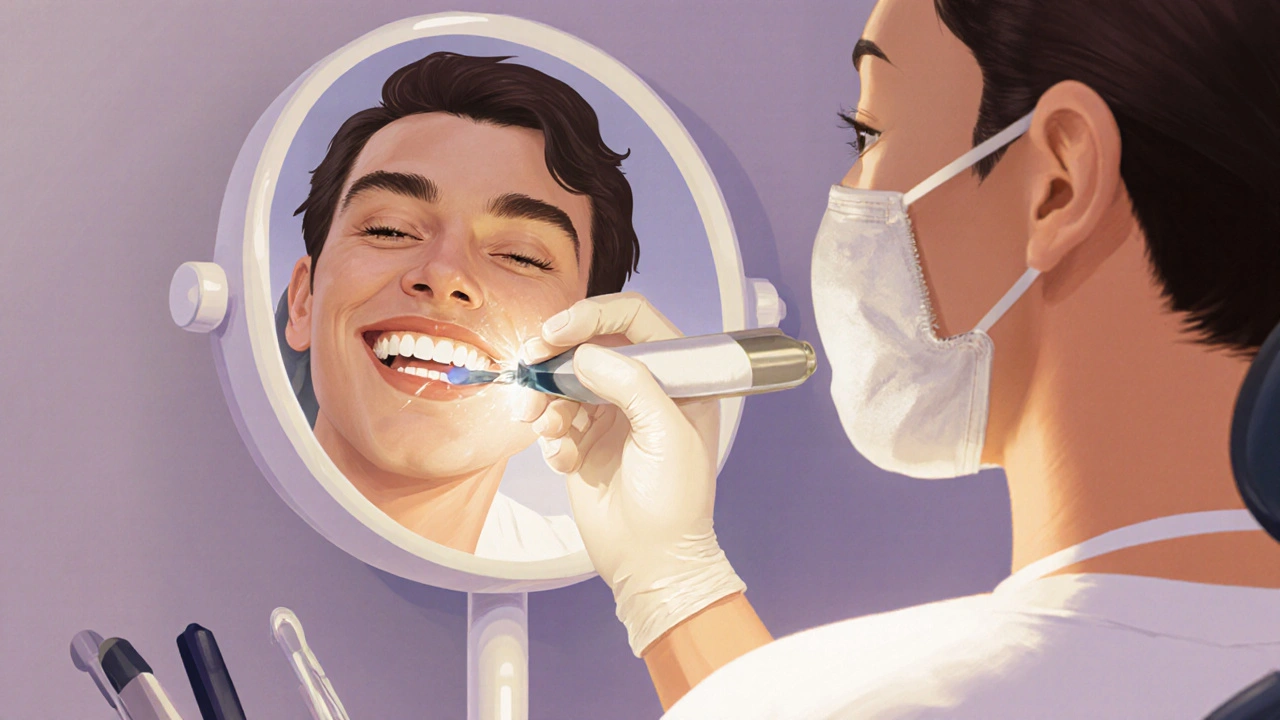 Zubař aplikuje kompozitní výplň na přední zub.