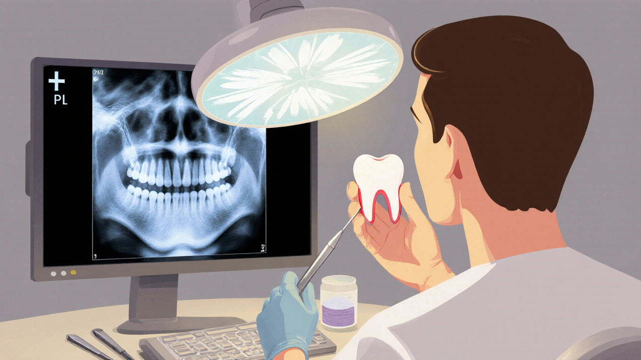 Zubař prohlíží poškozený zub s rentgenem na obrazovce.
