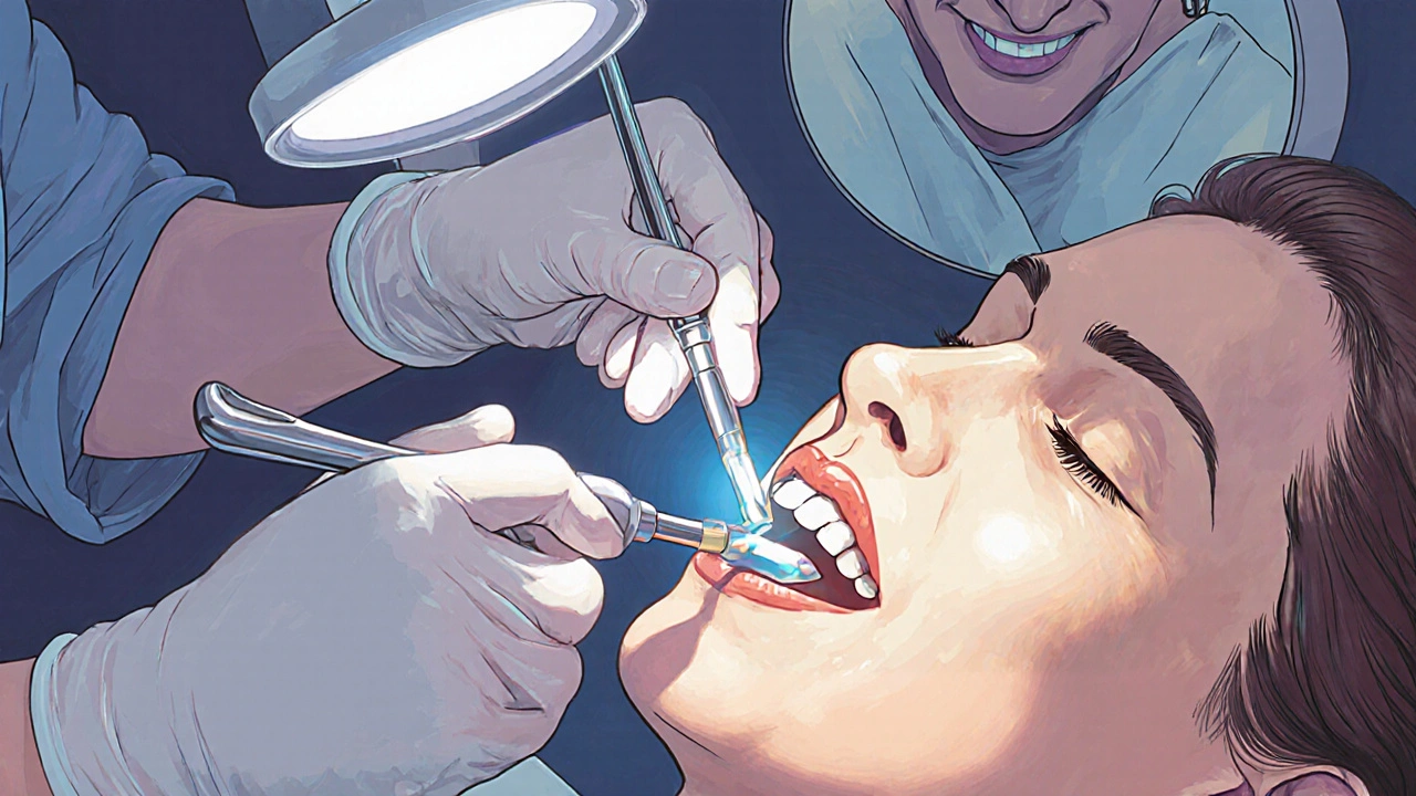 Zubní lékař aplikuje kompozitní výplň na poškozený řezák