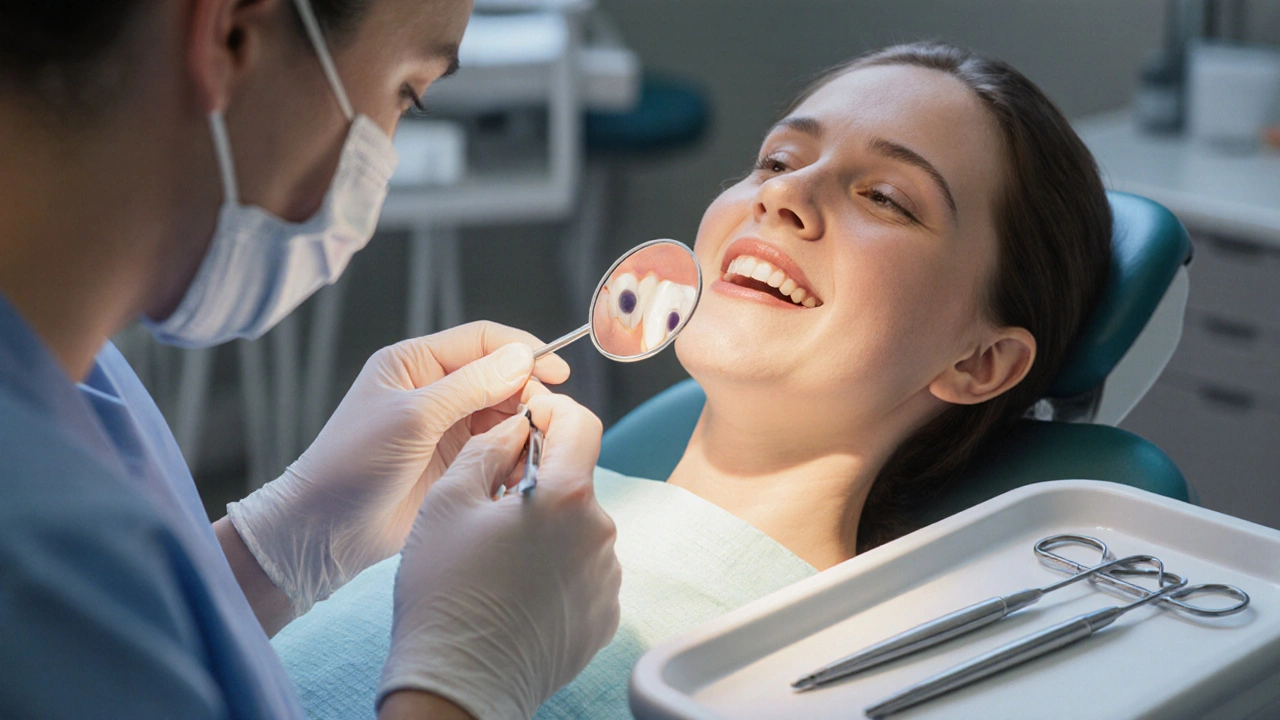 Zubní lékař prohledává zub s černou skvrnou pomocí zrcátka.