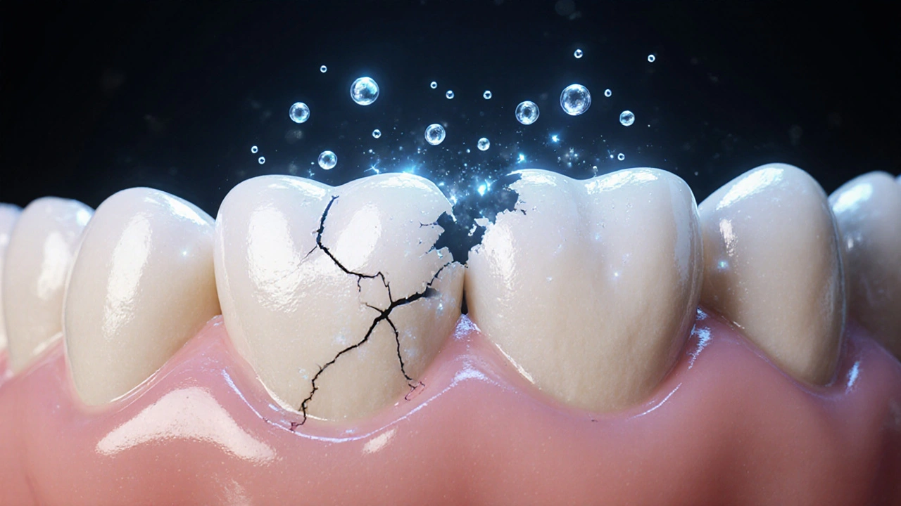 Zvětšený pohled na poškozenou sklovinku zubu po opakovaném bělení.