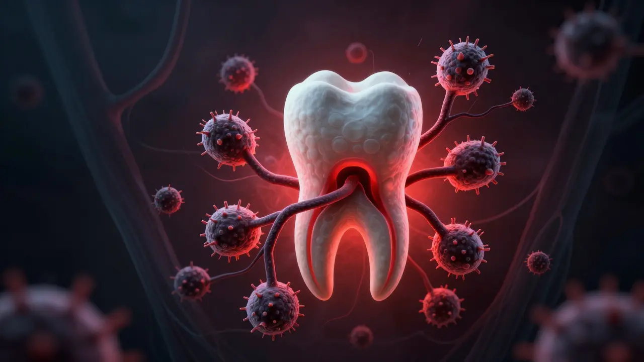 Bakterie šířící se do kořenového kanálu zubu jako temná půda.