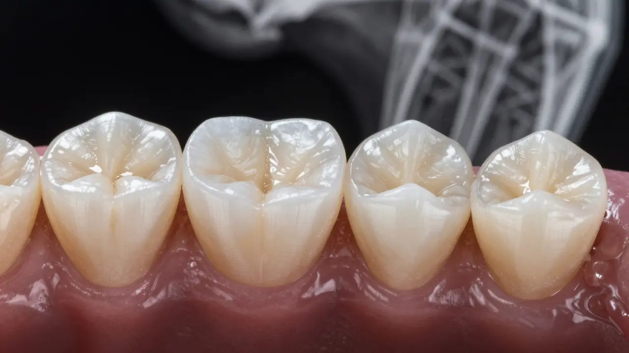 Celková korunka obklopující zub po odstranění větší části zubní hmoty, s viditelným rozdílem oproti zdravému zubu.