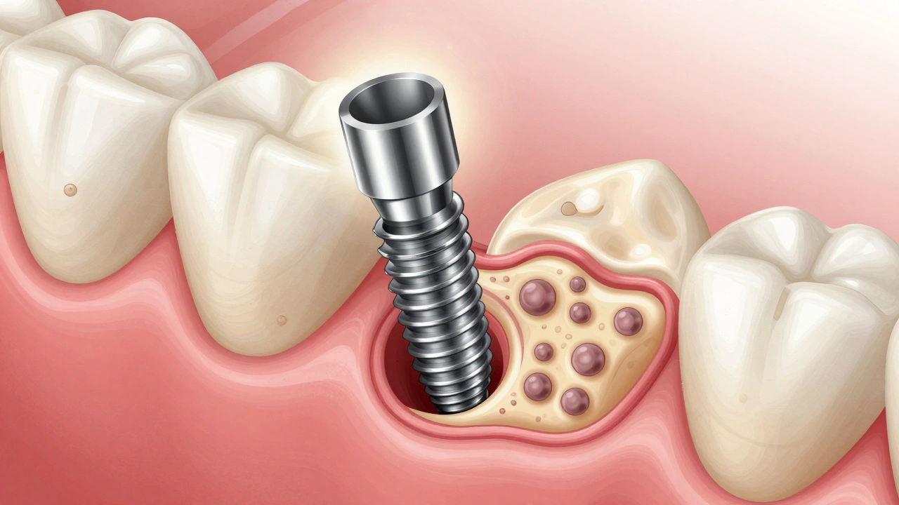 Cross-section of a titanium dental implant integrating with jawbone through new bone growth.