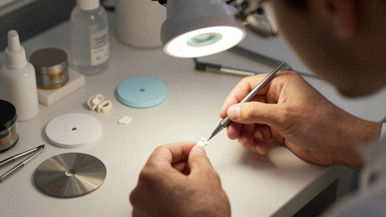 Dentalní technik připravuje tenké keramické fazety v laboratoři pod lampou.