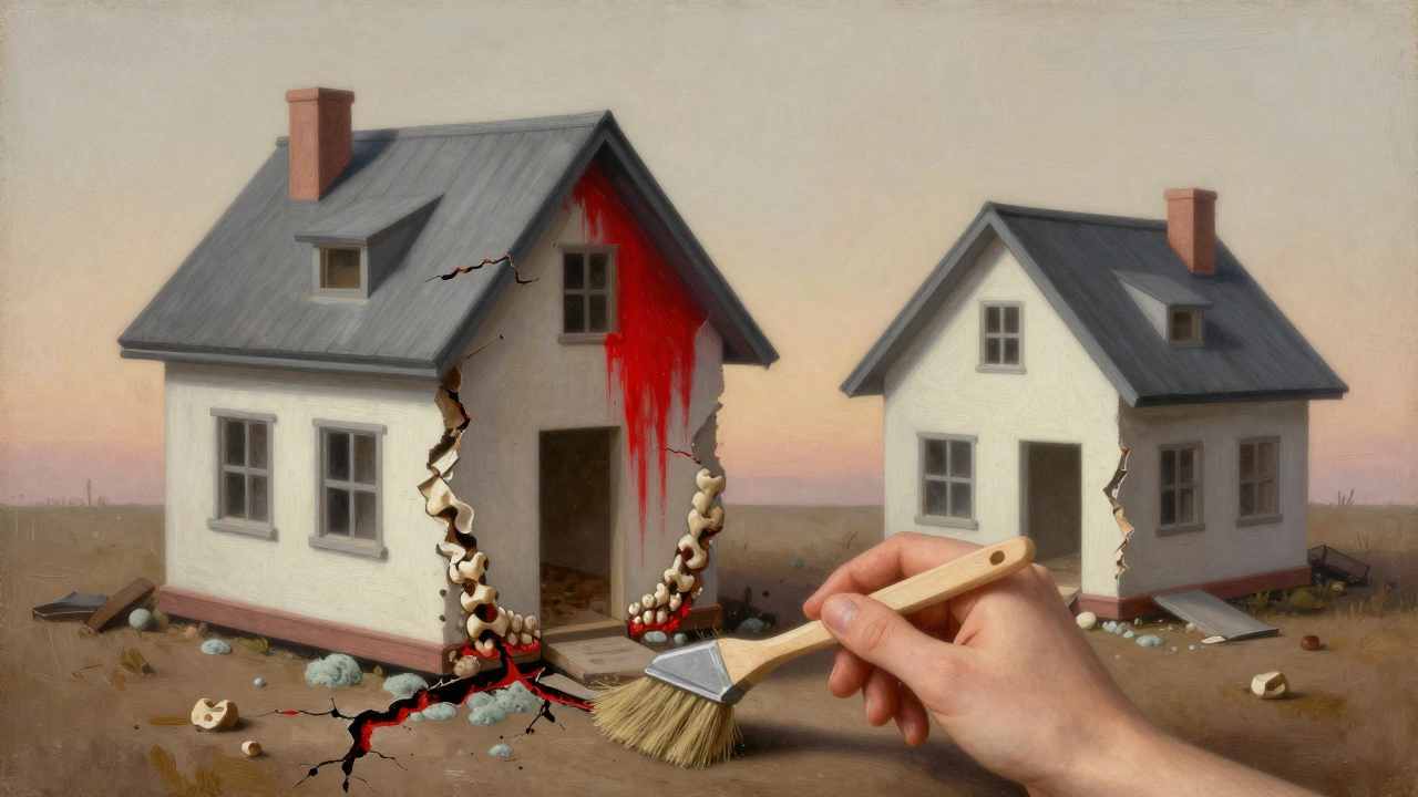 Dům s erodovanou základnou symbolizující ztrátu kosti, zachráněný čištěním.