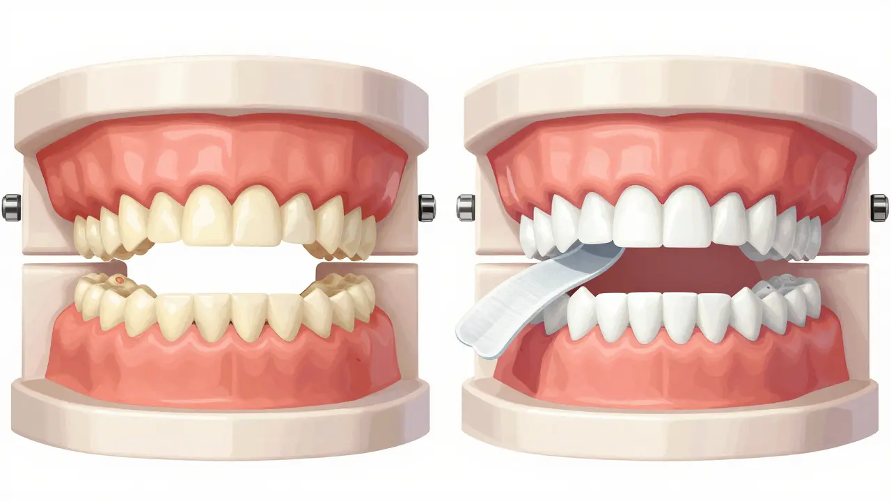 Dva modely zubů: jeden po špatném bělení s gelem na dásních, druhý s dokonalým použitím pásů.