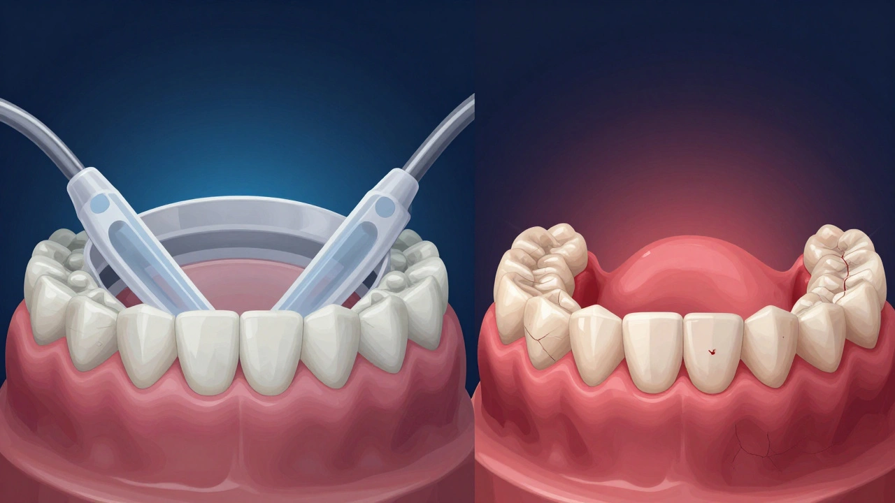 Dva modely zubů: jeden s čistou emalí pod bělícím gelem, druhý s poškozenou emalí a podrážděnými dásněmi.