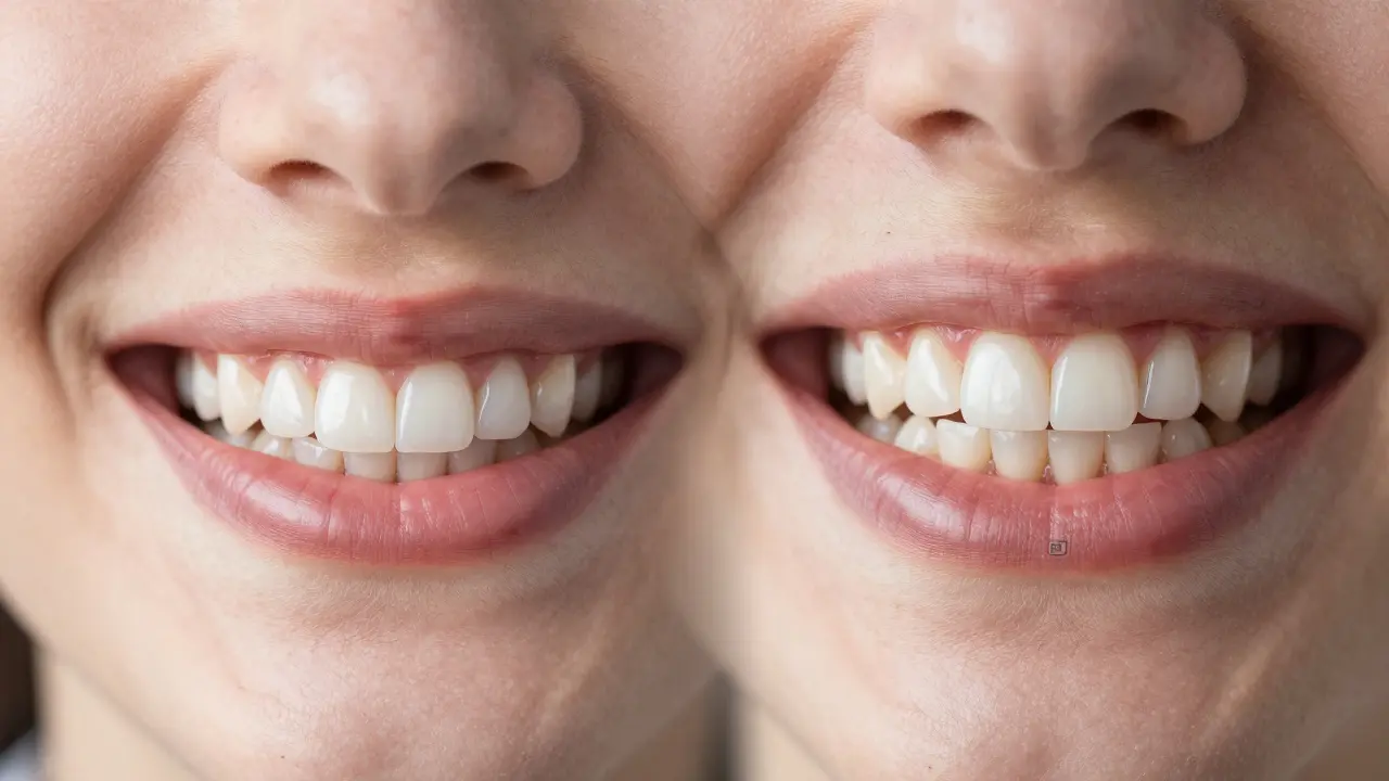 Dvojité zobrazení úsměvu s fazetami na jedné straně a korunkami na druhé, symbolizující volbu mezi zachováním a obnovou zubu.