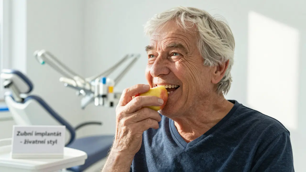 Elderly person smiling while eating apple with dental implant