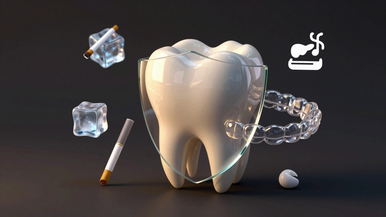 Keramická fázeta jako chráněný štít zubu, odolávající škodlivým návykům.