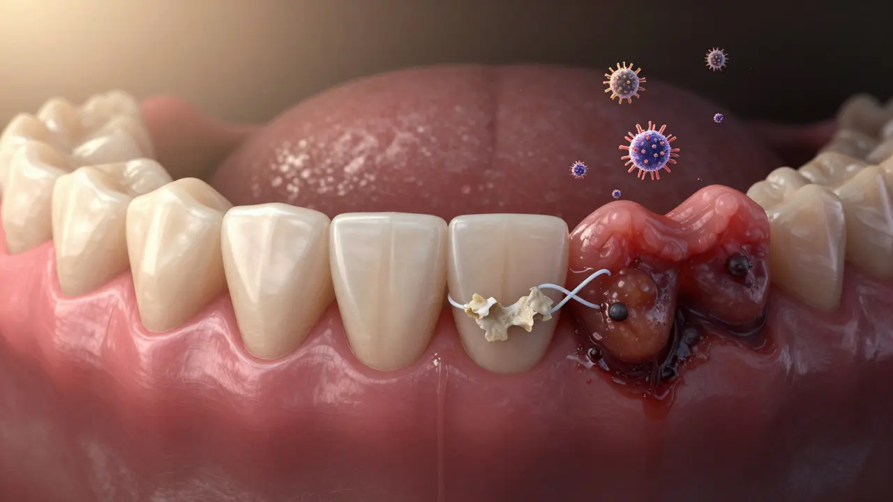 Kontrast mezi zdravými a zánětlivými dásněmi s viditelným plakem a kamenem.