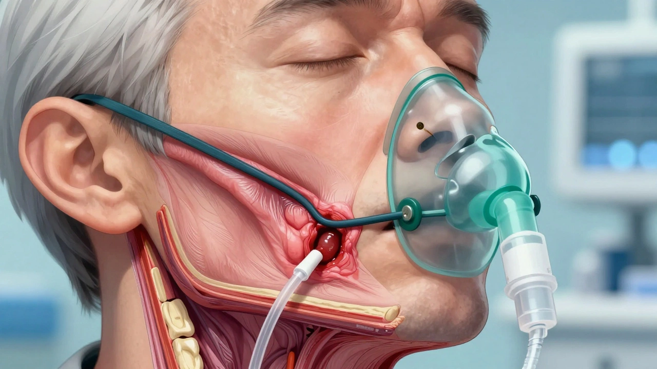 Křížový řez obličeje po operaci s otokem, krevní sraženinou a kyslíkovou maskou.