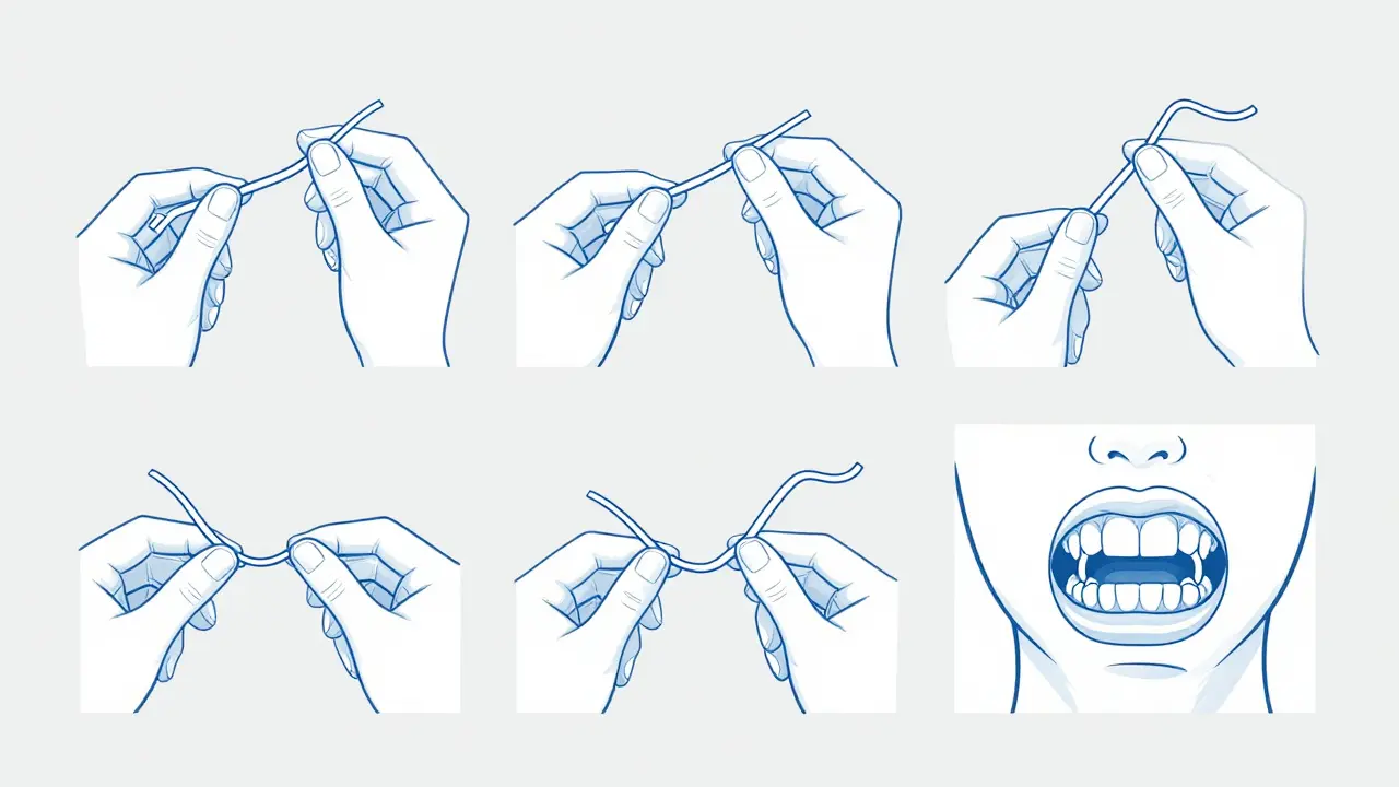 Krok za krokem ilustrace správného čištění zubní nití bez textu.