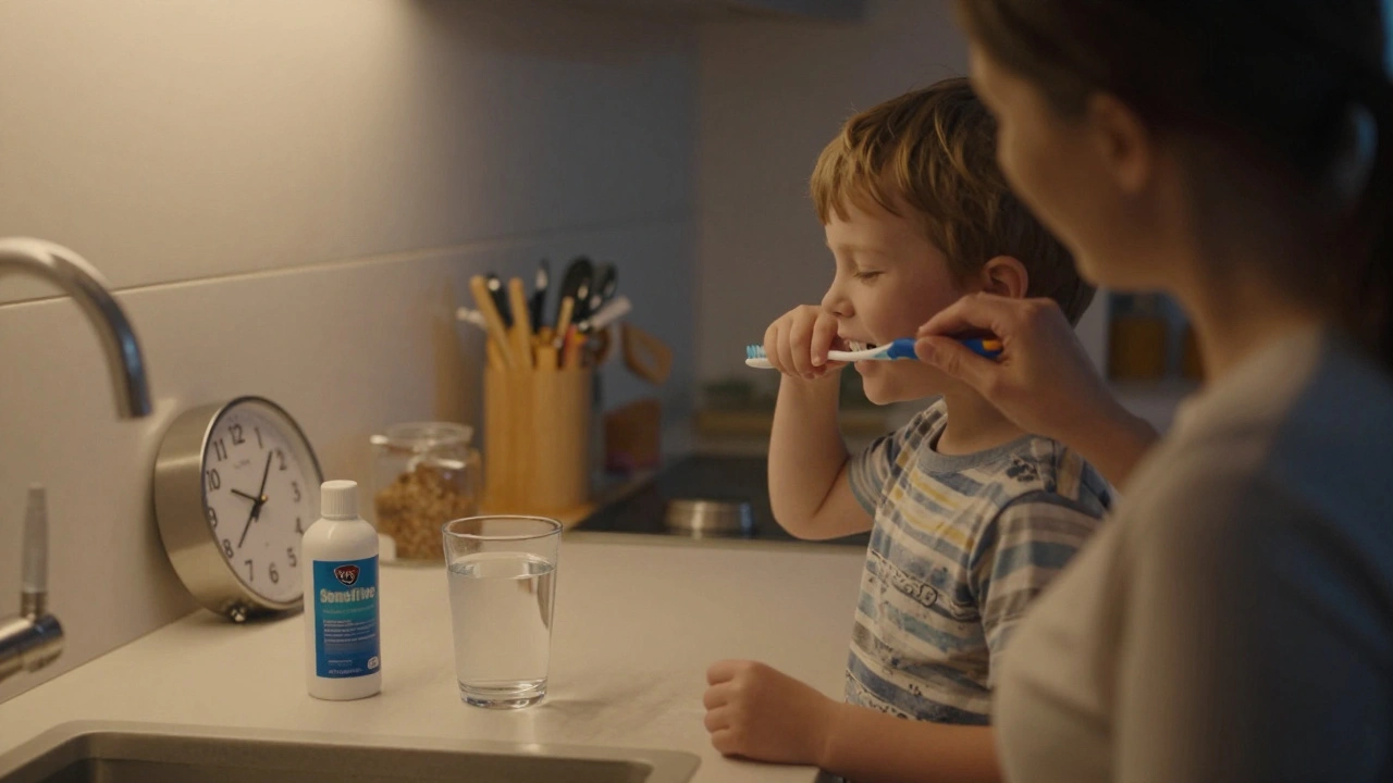 Matka čistí zuby dítěte v kuchyni večer, na stolku zubní pasta pro citlivé zuby a měkký kartáček.