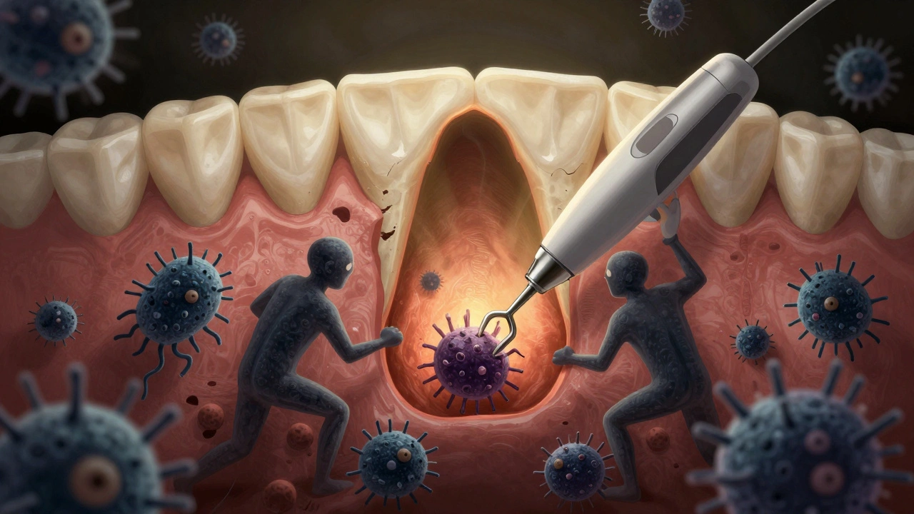 Mikroskopické bakterie v hlubokých kapsách pod dásněmi, odstraňované nástroji.