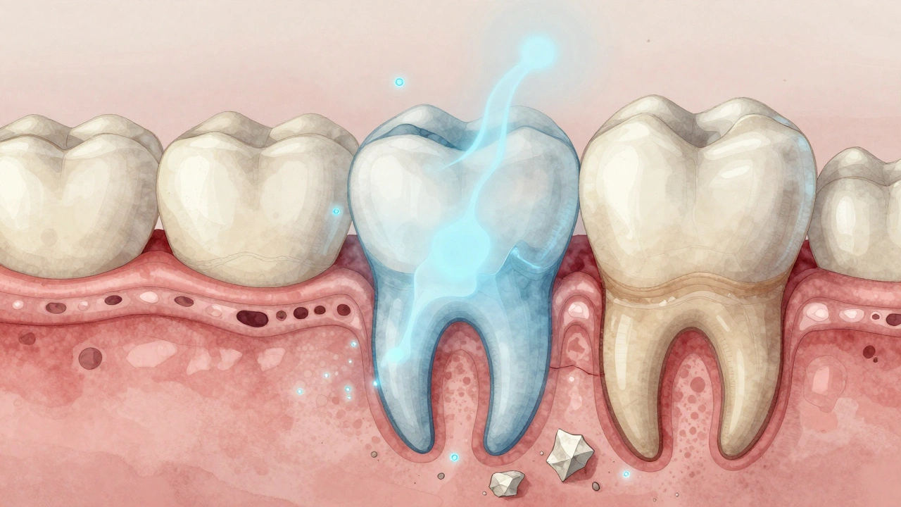 Mikroskopický řez zubem ukazující rozklad hydroxyapatitu během bělení