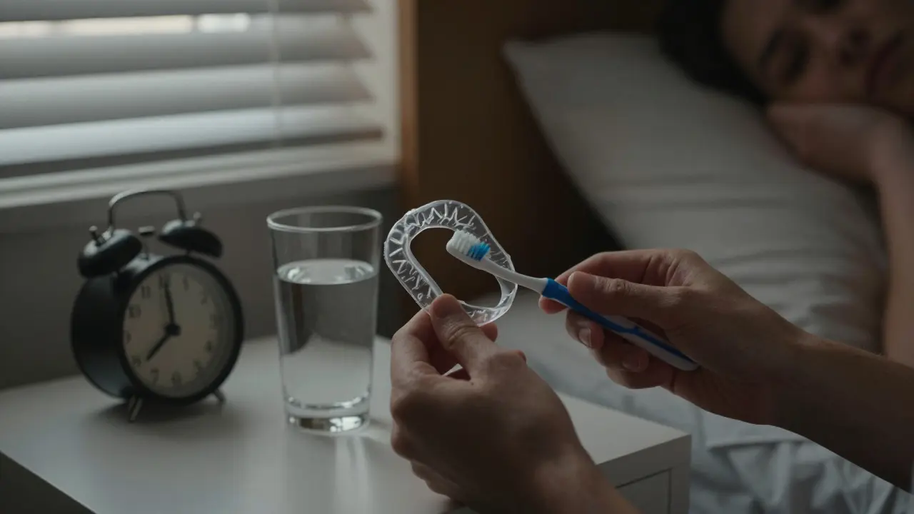 Noční štít a zubní kartáček na nočním stolku ve tmě.