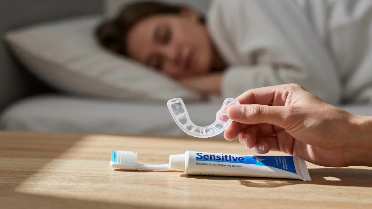 Noční štít a zubní pasta pro citlivé zuby na stole v klidném prostředí.