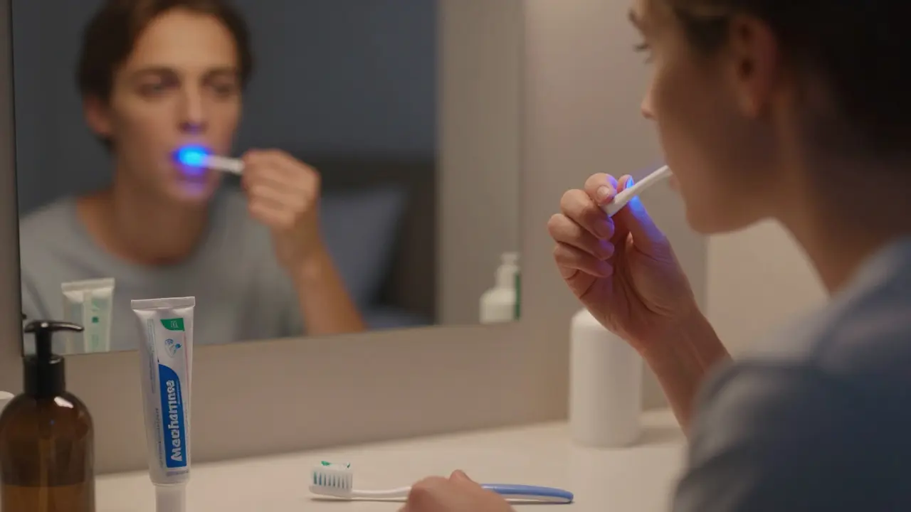 Osoba čistí mezizubní prostory noční flossingem v klidné místnosti.