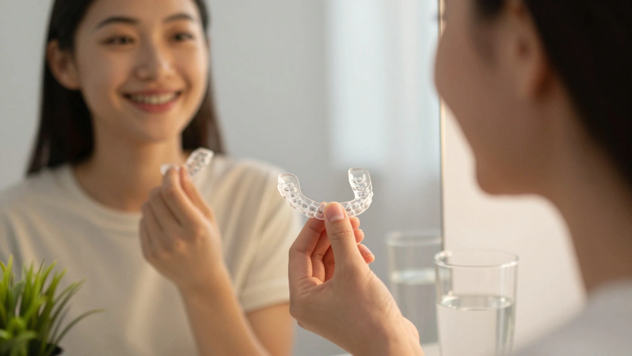 Osoba drží retentor před zrcadlem, symbolizující fázi po odstranění rovnátek.