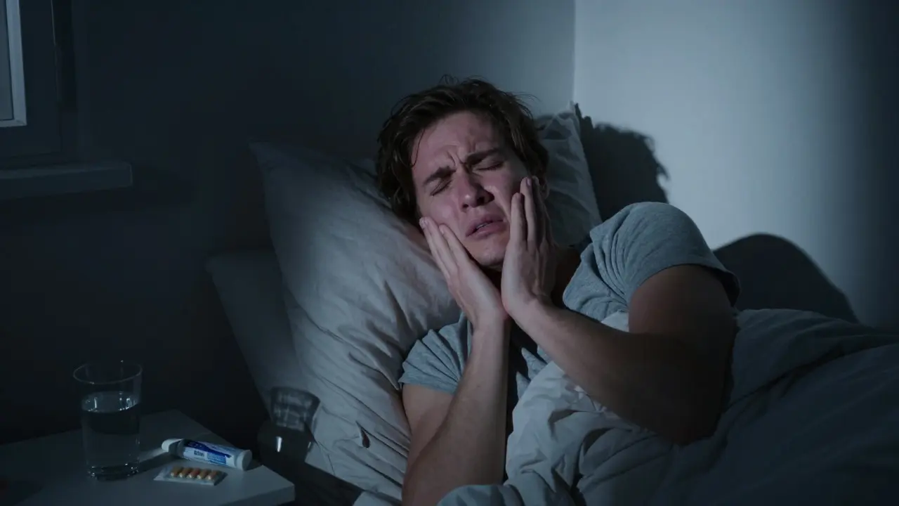 Osoba probouzející se v noci od bolesti zubu, podržující tvář.