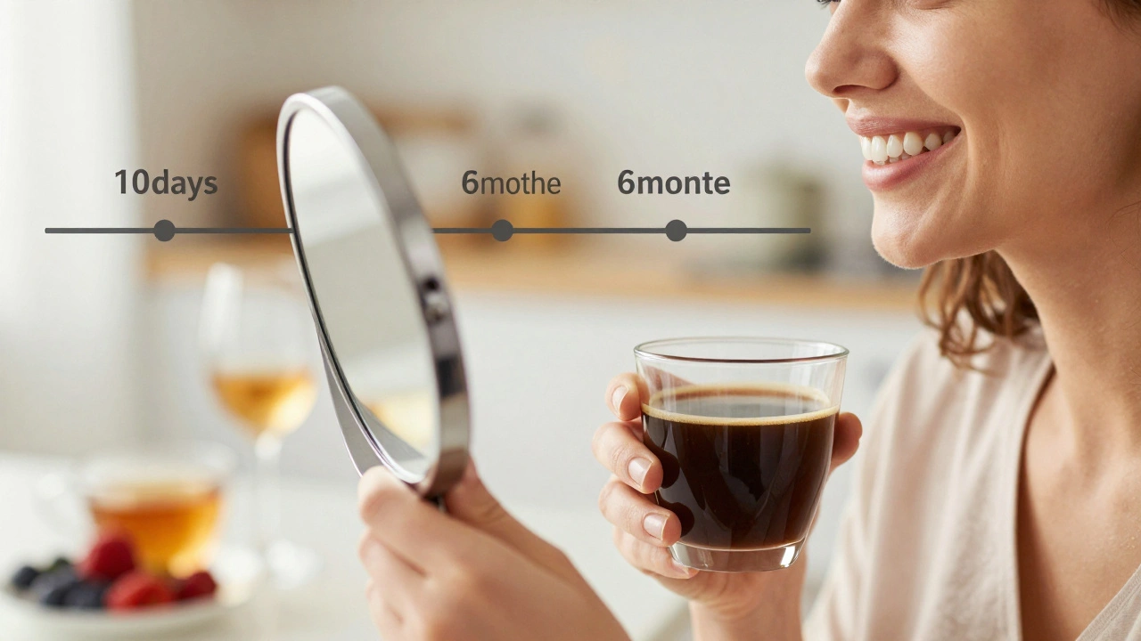 Osoba se usmívá do zrcadla, drží kávu, zuby jsou bělé, za ní jsou rozvážně zamlžené barvivé potraviny.